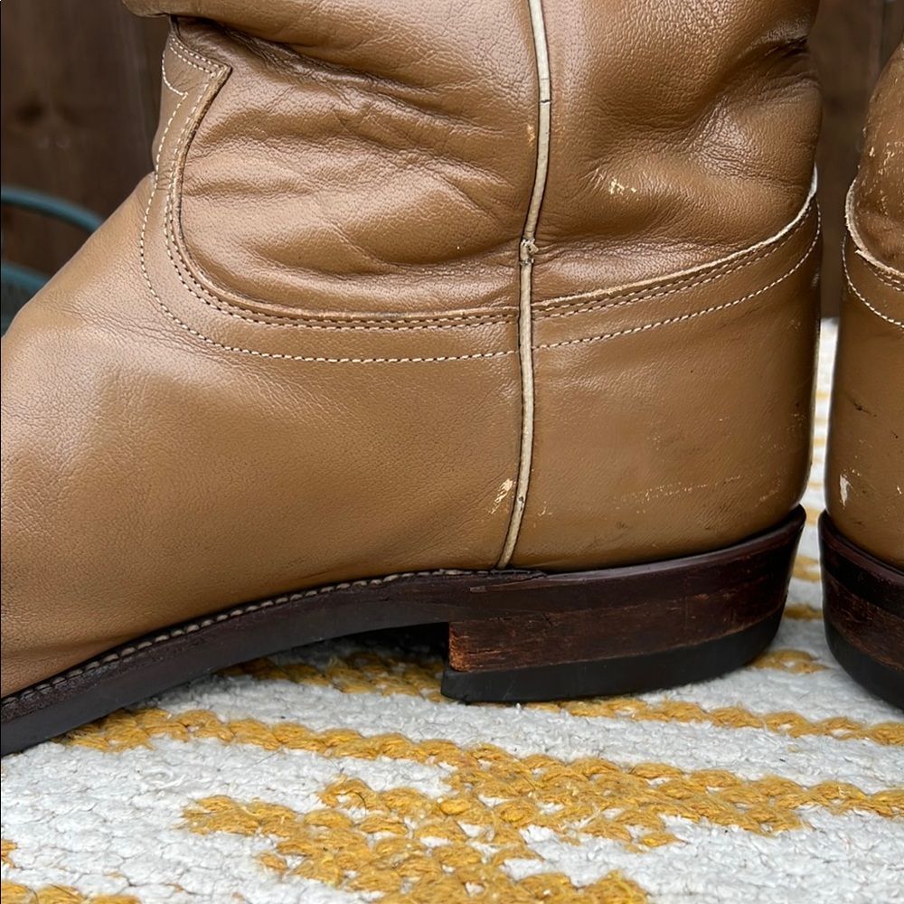 Justin Ropers Classic Tan Leather Cowboy Boots Goodyear Oil Resistant Sole Work - Picture 13 of 16